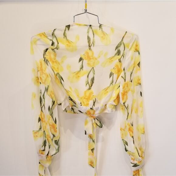 Luxxel Lemon Yellow Floral Cropped Cold Shoulder Wrap Blouse Lined Size M - Picture 8 of 13